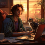 guy at laptop with cat